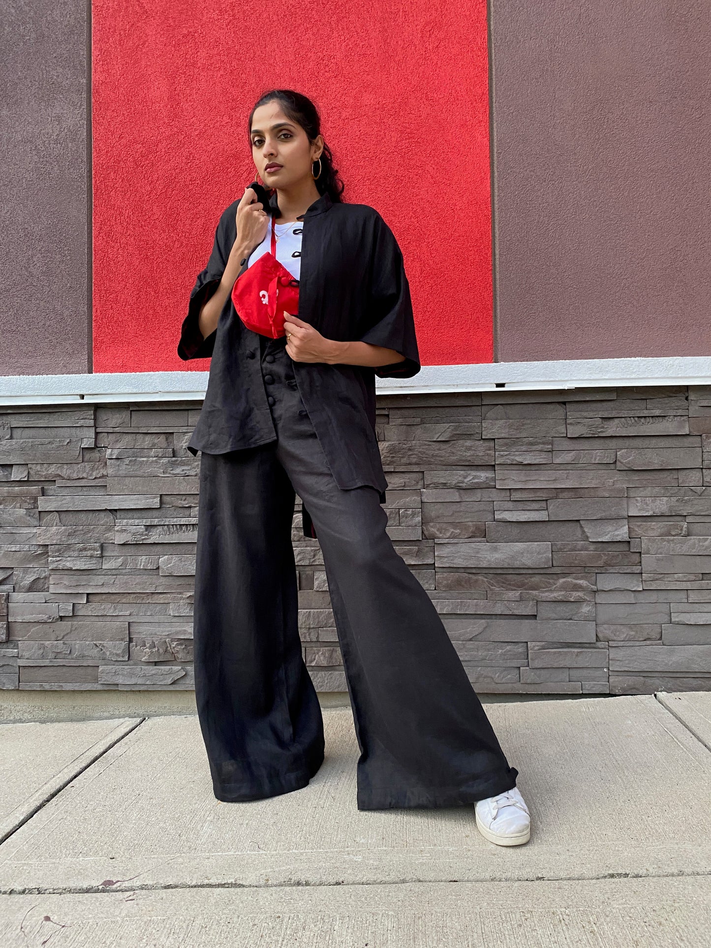 Black Linen Collarless Shirt